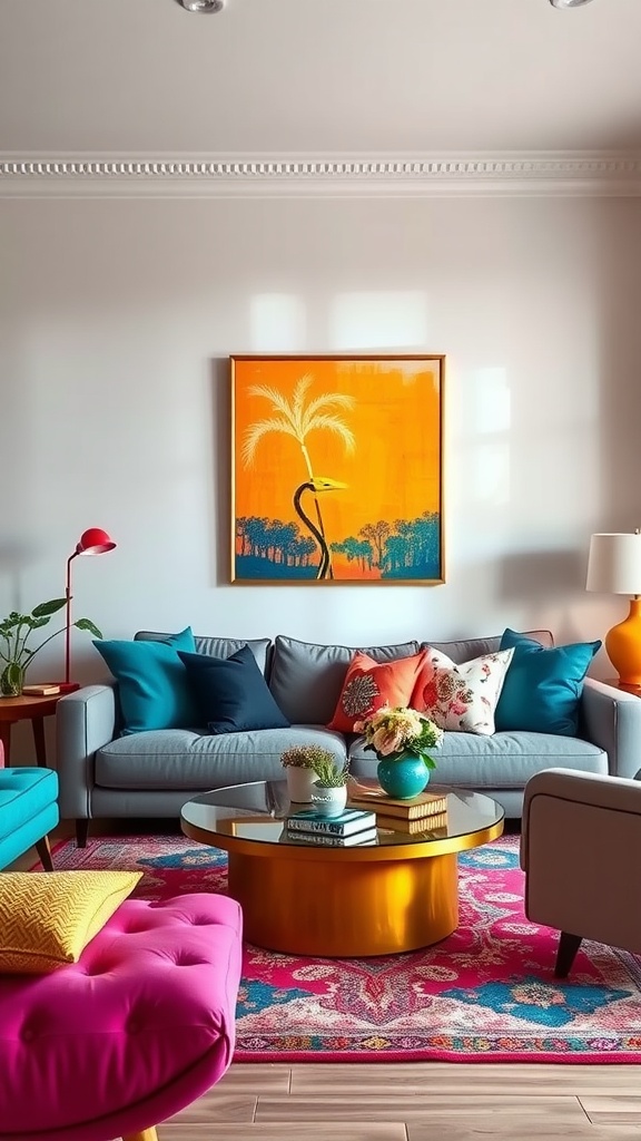 A vibrant living room featuring colorful accents and art.