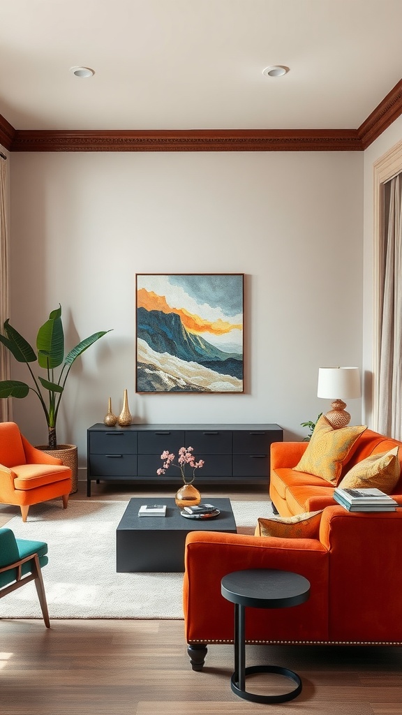 Colorful living room with orange sofas, a black coffee table, and artwork depicting mountains.