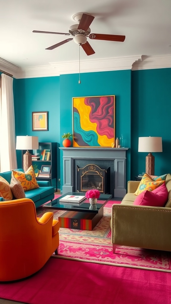A colorful living room with teal walls, orange and teal sofas, and vibrant decor.