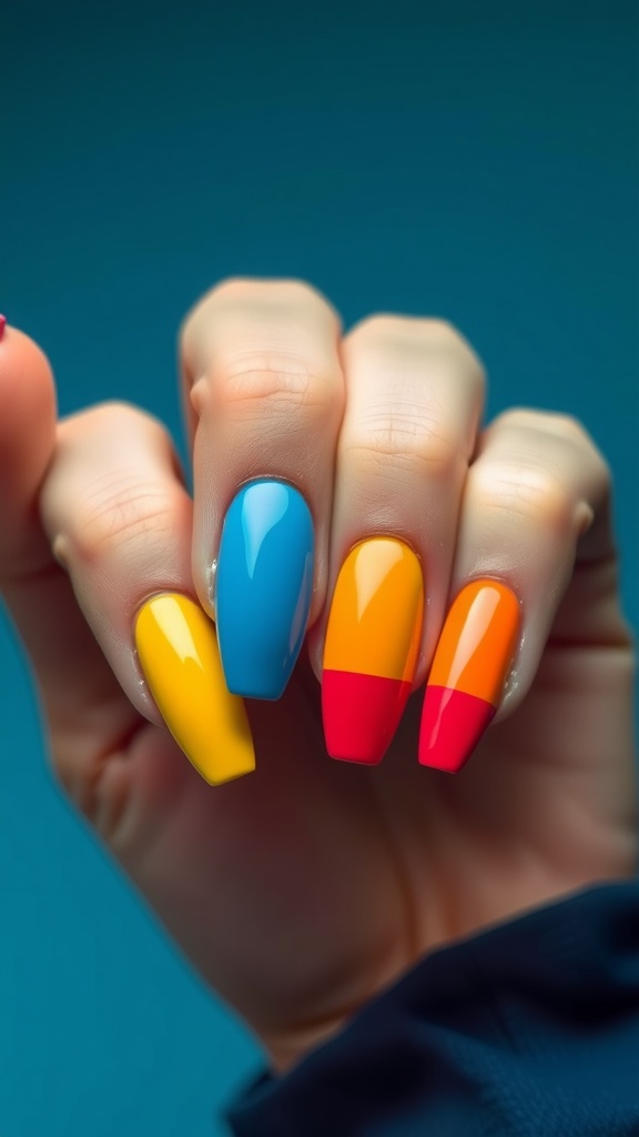 A hand showing bold color block almond nails in blue, yellow, orange, and red.