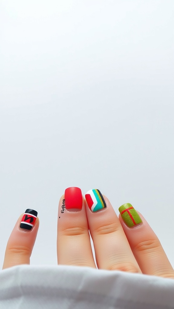 Close-up of square nails featuring bold color block designs in various patterns