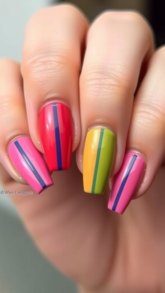 Close-up of colorful block nails featuring red, pink, green, and yellow with black stripes.