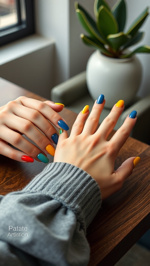 Colorful hands with bold color block nails featuring blue, yellow, red, and green shades.