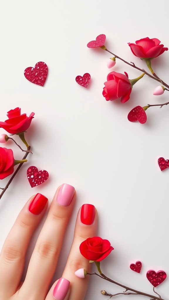 A stylish hand with colorful nails in red and pink surrounded by roses and heart decorations, perfect for Valentine's Day inspiration.