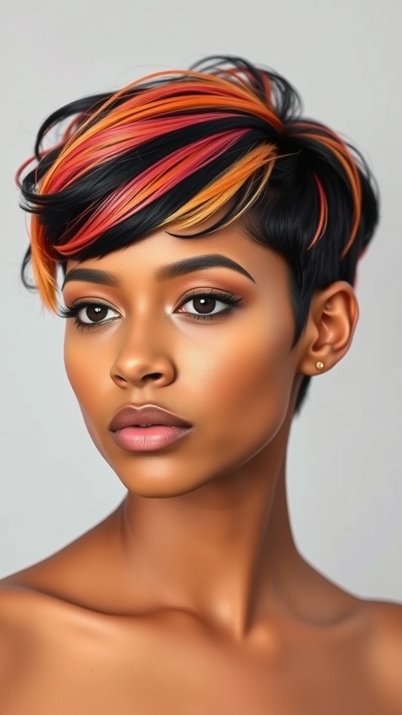A woman with a short color blocked weave hairstyle featuring orange, pink, and black shades.
