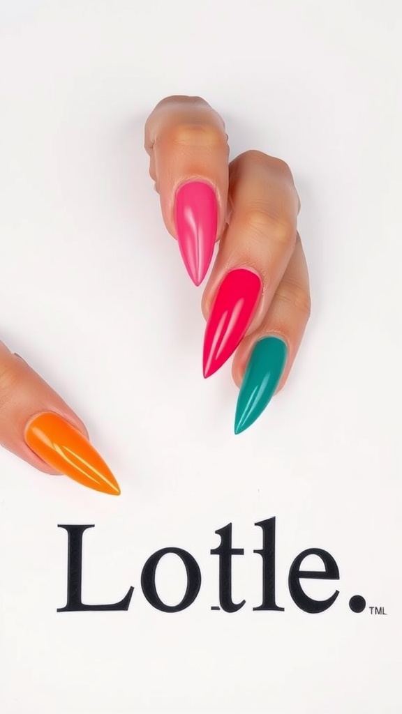 Nail art featuring bold color blocking with pink, teal, and orange nails.