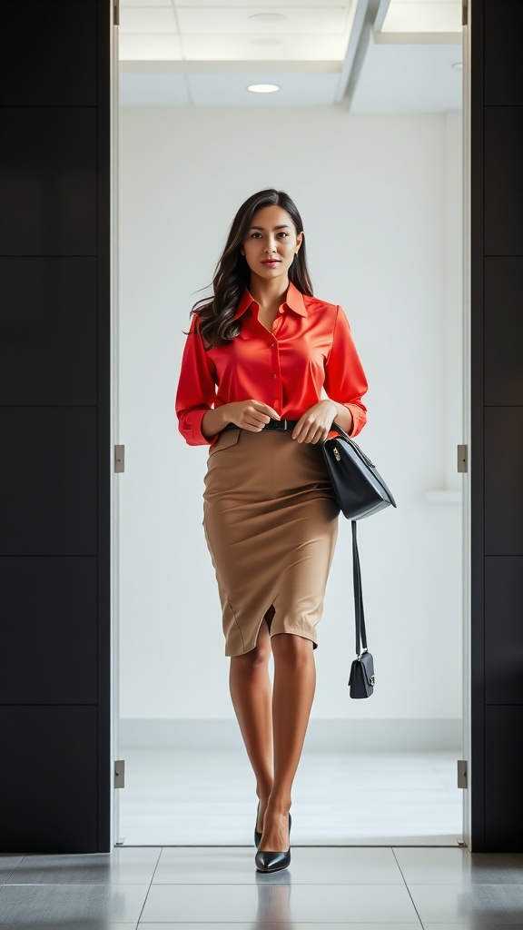 A woman wearing a bold red blouse and a neutral pencil skirt, walking confidently in an office setting