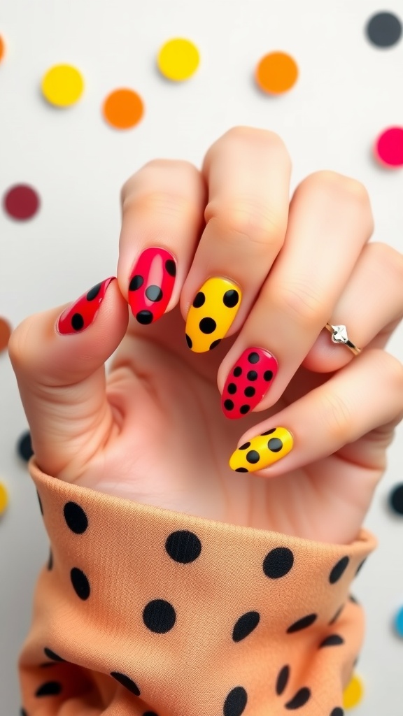 Close-up of a hand showing colorful nails with black polka dots against a backdrop of colored dots.