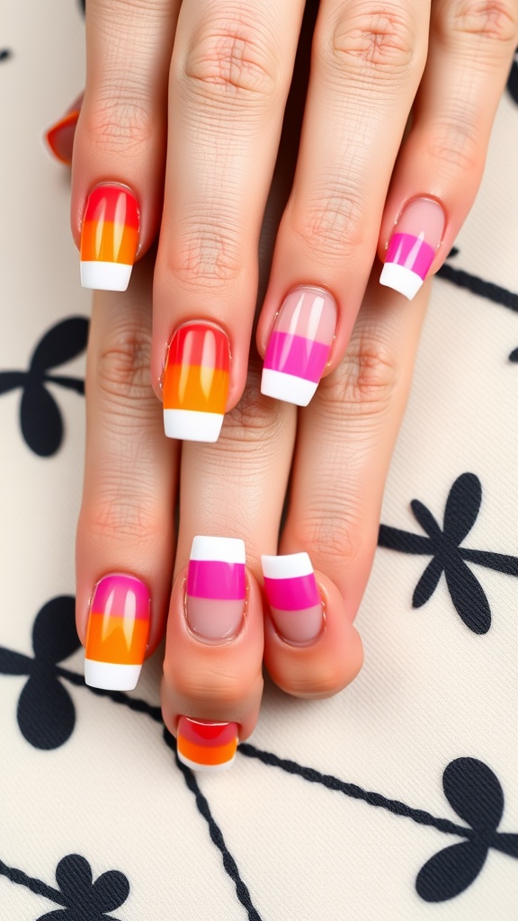 Colorful bold French nails featuring shades of orange, pink, and red with white tips.