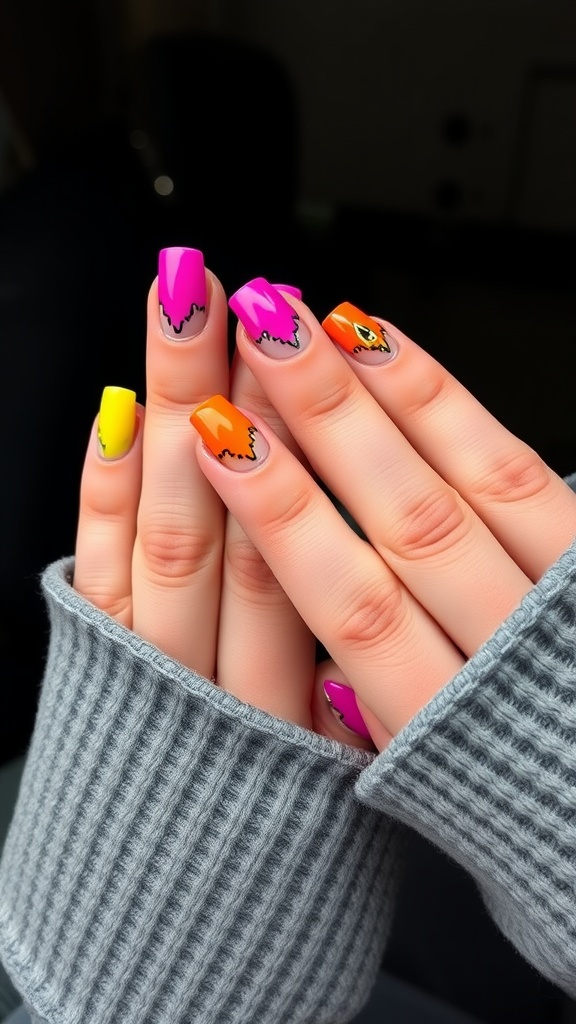 Colorful acrylic nails with bold French tips in pink, orange, and yellow.