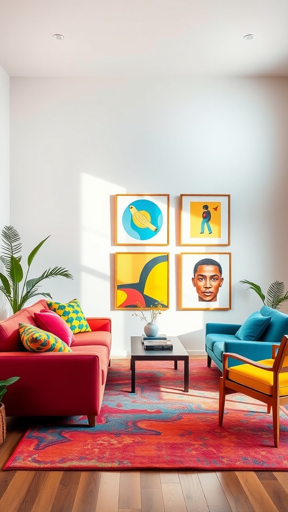 A modern living room featuring a red sofa, blue chairs, colorful cushions, and vibrant artwork on the wall.