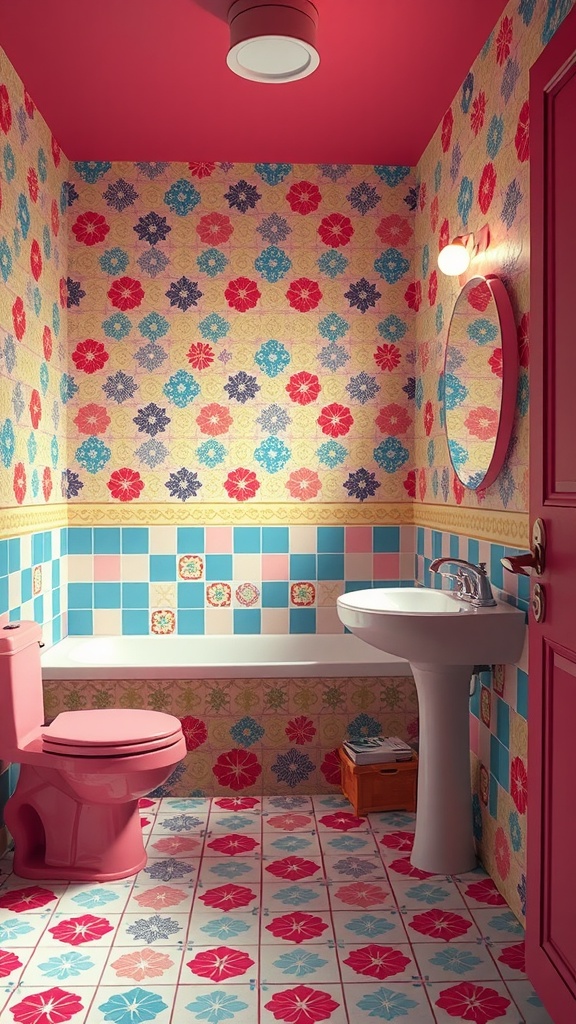 A colorful 70s bathroom with floral wallpaper, pink fixtures, and patterned tiles.