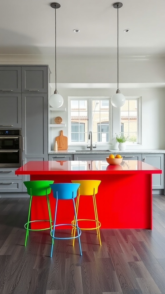 A bright red kitchen island with colorful stools in blue, green, and yellow, set in a modern kitchen.