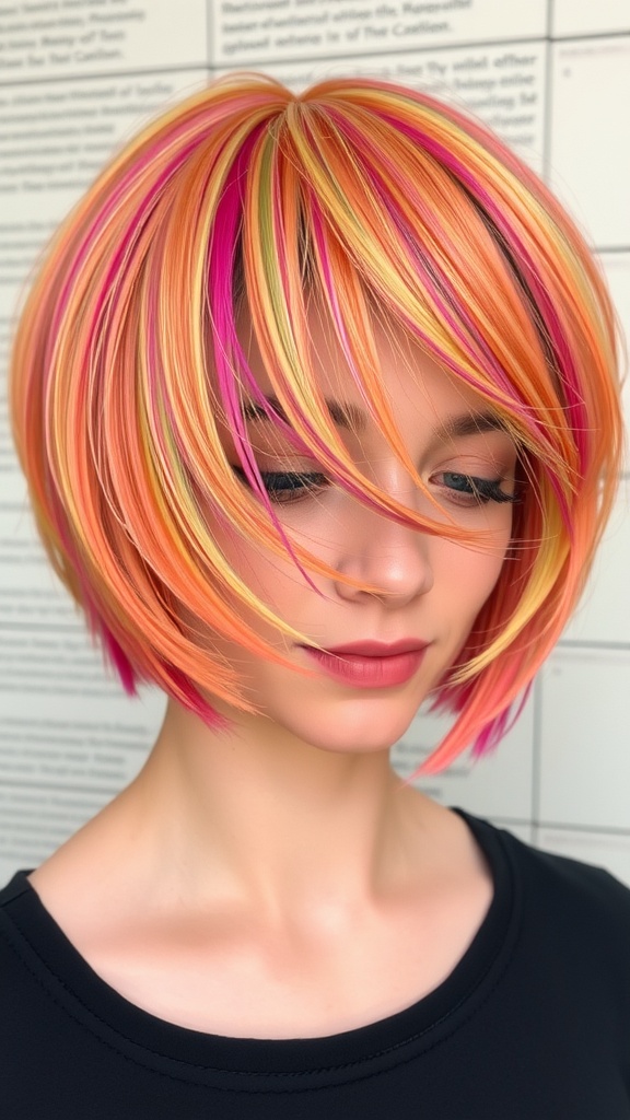 A woman with a vibrant layered bob hairstyle featuring bright colors like pink, orange, and yellow.
