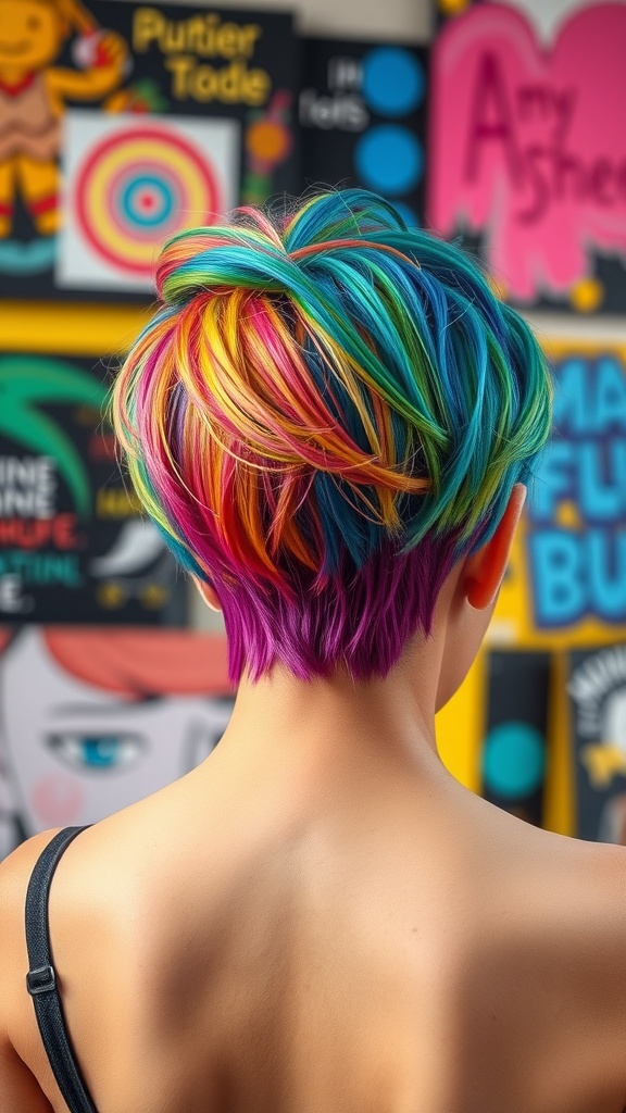 A vibrant short hairstyle with multiple colors, viewed from the back against a colorful background.