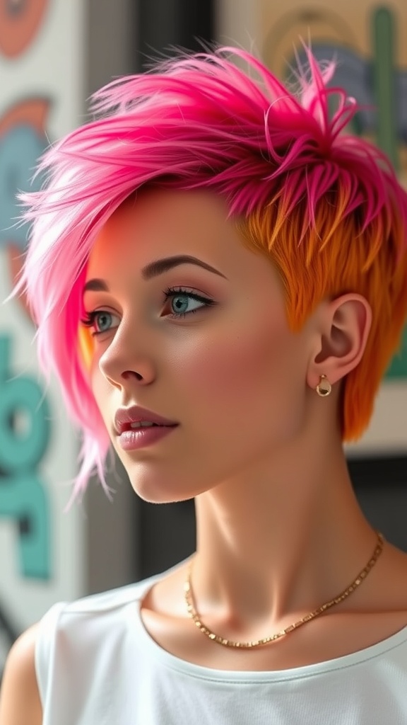 A person with a bold short hairstyle featuring pink and orange colors.