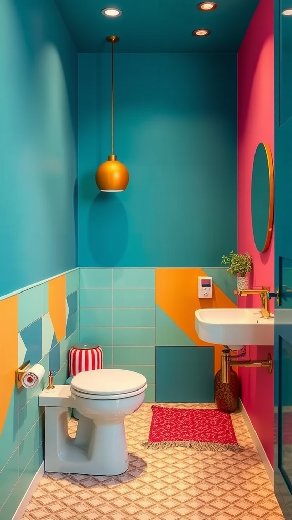 A vibrant bathroom with teal and pink walls, geometric tiles, and stylish decor.