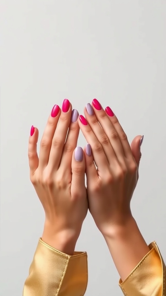 Image of hands with short almond nails painted in bold pink and lavender colors