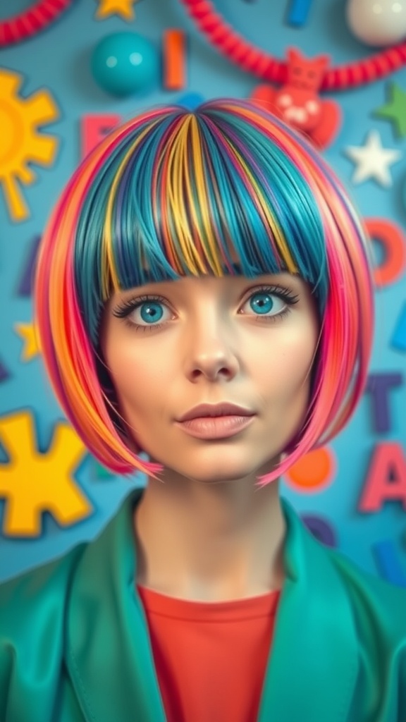 A model showcasing a vibrant bob hairstyle with colorful shades of blue, pink, and yellow.