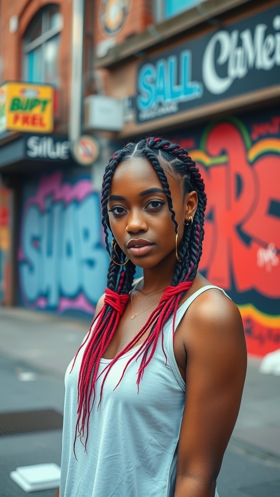 A young woman with bold red and dark braids standing in front of a colorful urban mural