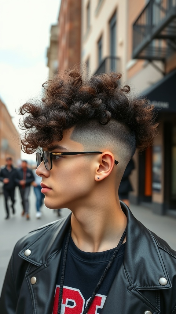 Woman with a bold curly undercut hairstyle, featuring voluminous curls on top and shaved sides.