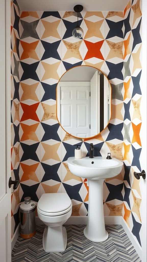 A guest bathroom featuring bold geometric wallpaper with star patterns in orange, navy, and neutral colors.
