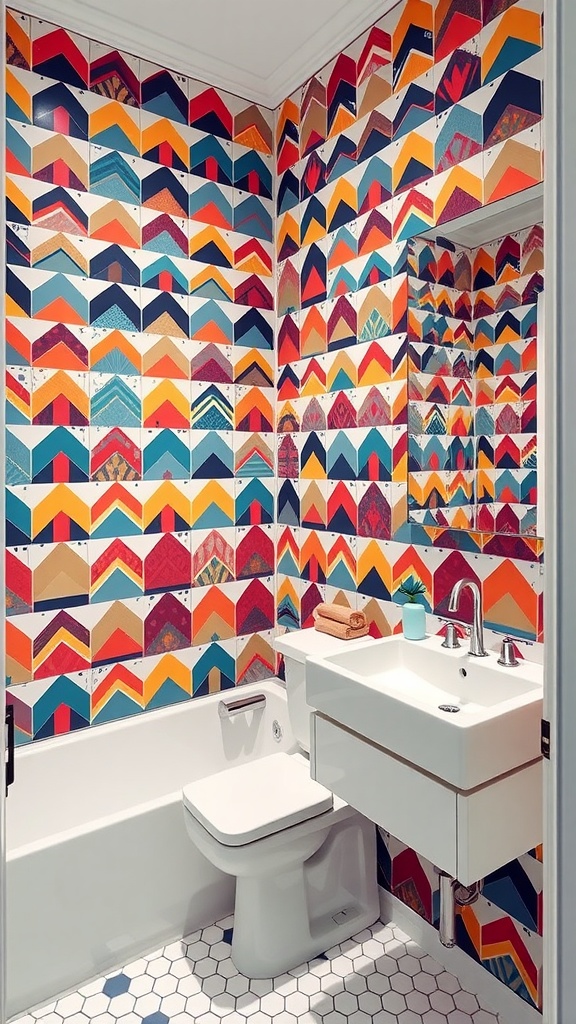A guest bathroom with bold geometric wallpaper featuring colorful triangular patterns.