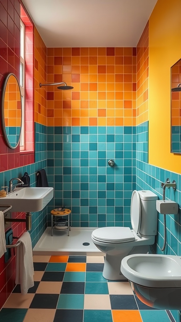 A colorful bathroom with bold geometric patterns featuring orange, red, and teal tiles.
