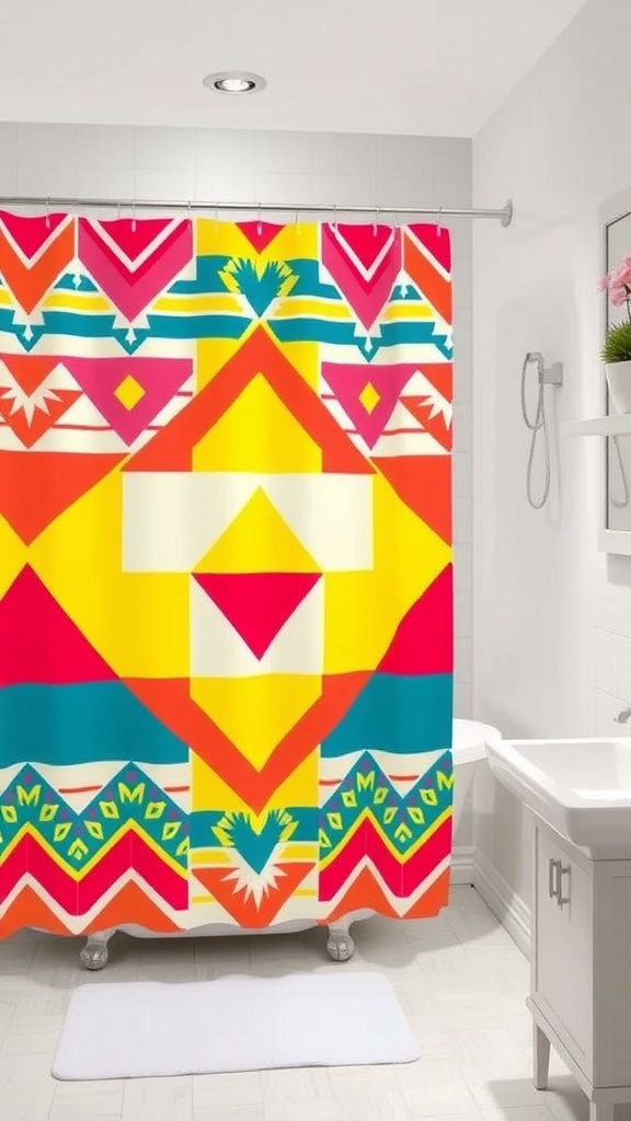 A colorful shower curtain with bold geometric patterns in a bathroom setting