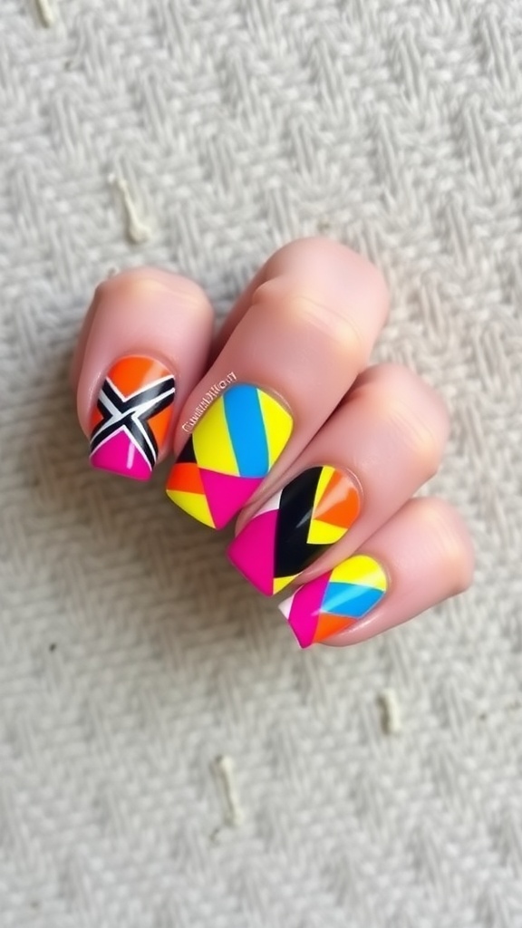 Colorful geometric nail art featuring pink, yellow, blue, and black patterns.