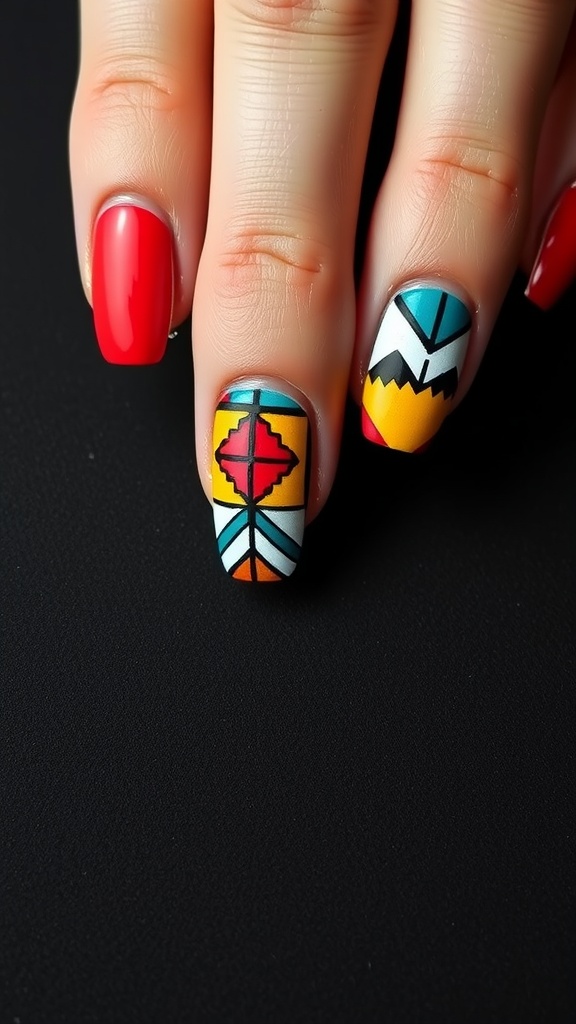 Close-up of hands with square nails featuring bold geometric patterns in vibrant colors.