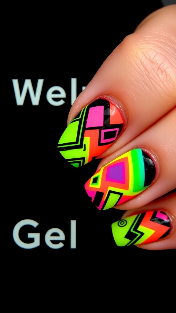 Nail art featuring bold geometric patterns in neon colors against a dark background.
