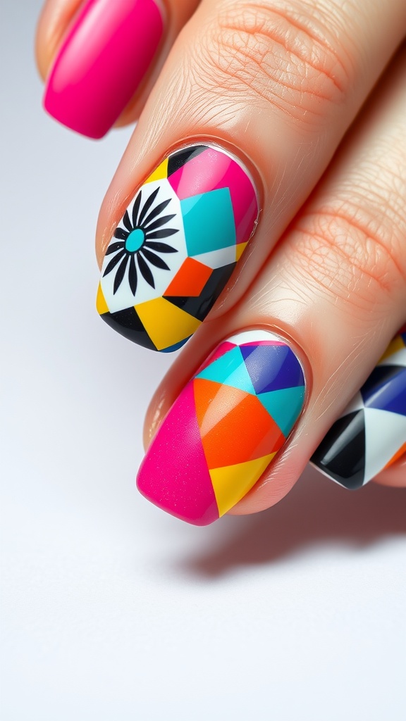 Colorful nails with bold geometric designs featuring triangles, squares, and circles in vibrant shades.