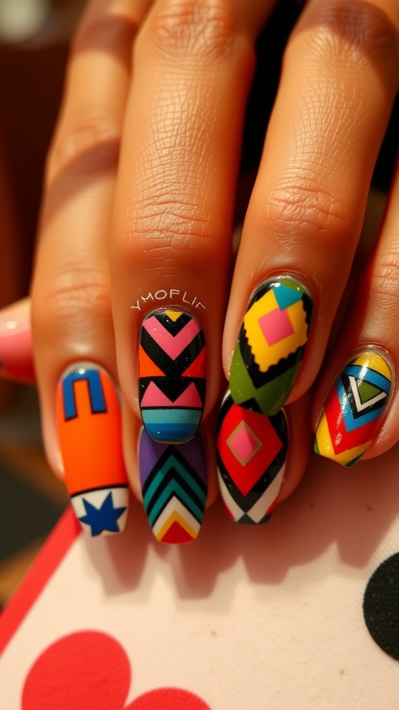 Colorful geometric nail art featuring various shapes and patterns.