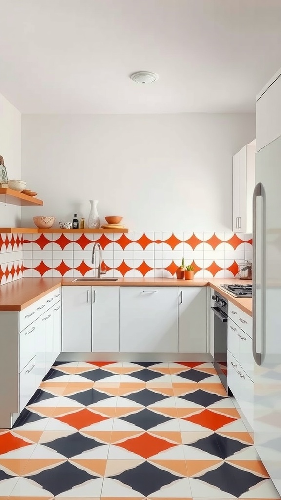 A mid-century modern kitchen featuring bold geometric patterns in orange and navy tiles.