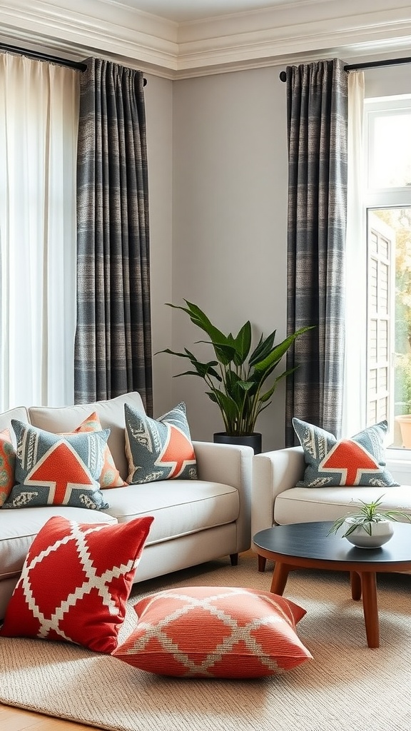 A cozy living room featuring bold geometric pattern cushions on a sofa with curtains and a plant.