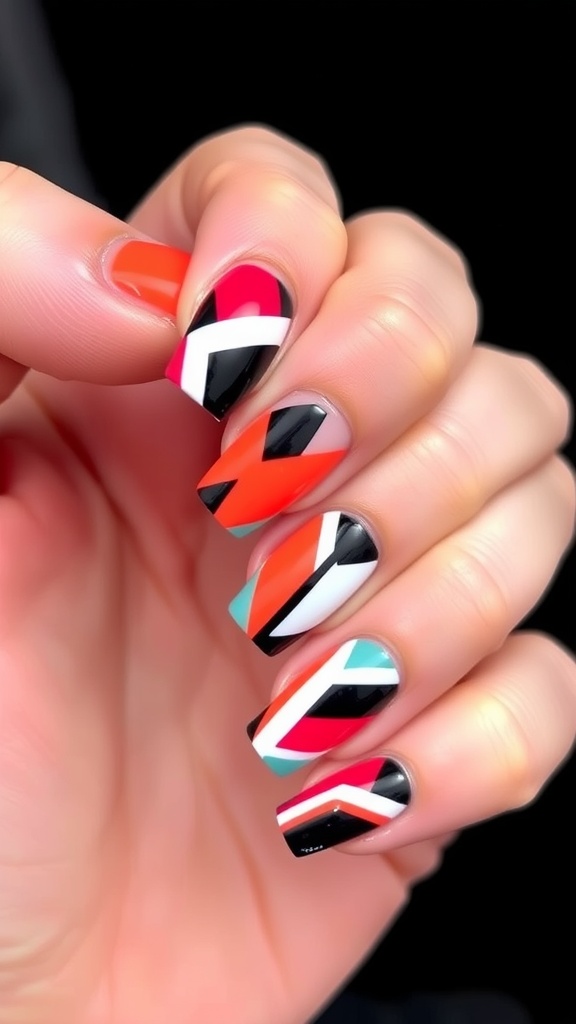 Short square acrylic nails featuring bold geometric patterns in vibrant colors.