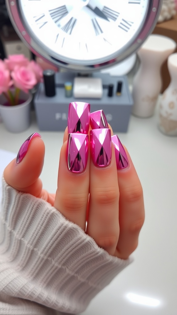 A close-up of a hand with pink chrome square nails featuring bold geometric patterns.