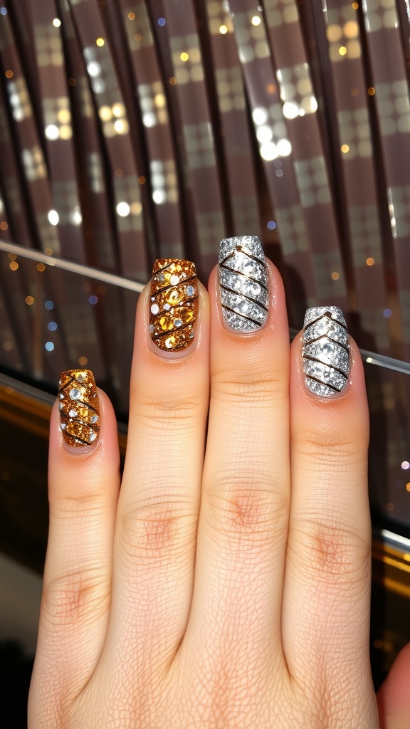 A close-up of a hand with glittery nails featuring gold and silver accents.