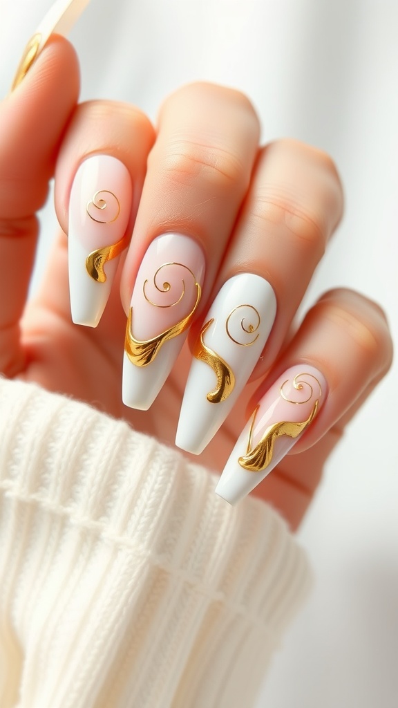 Nail art design featuring bold gold swirls on a white background