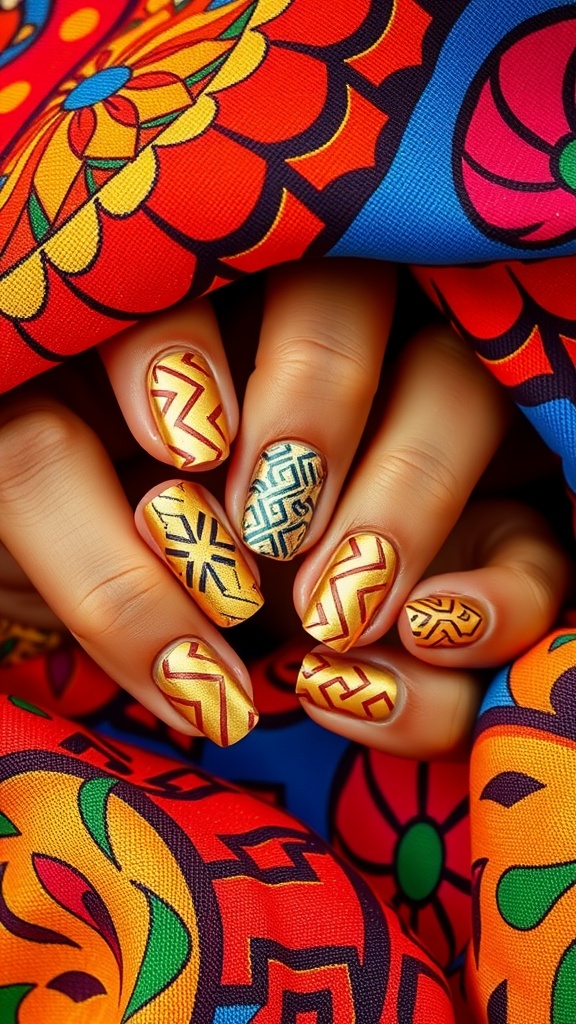 Nails featuring bold gold geometric patterns with colorful background.