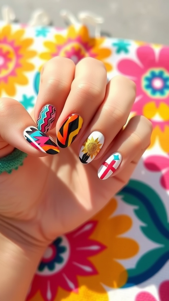 A hand with almond-shaped nails featuring bold graphic art designs in vibrant colors.
