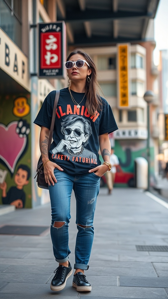 A person wearing a bold graphic tee and distressed jeans, accessorized with sunglasses and a shoulder bag.