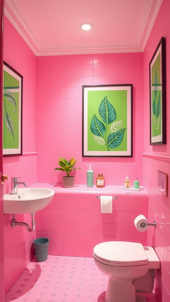 A pink bathroom with bold green wall artwork featuring large leafy designs.