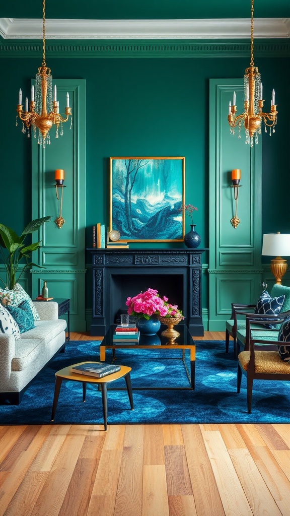 A stylish living room featuring teal walls, elegant chandeliers, and a mix of furnishings.