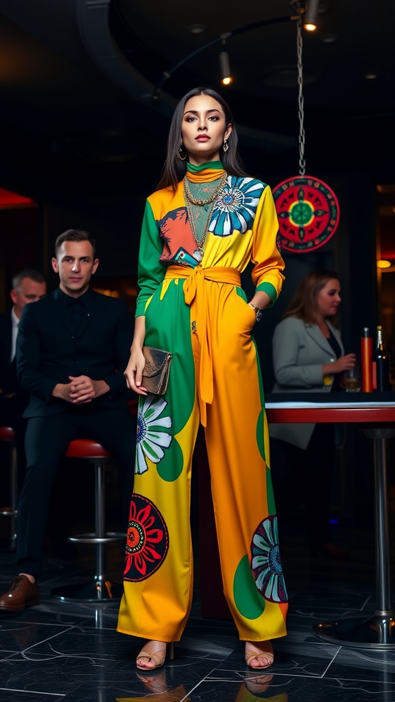 A woman wearing a vibrant, patterned jumpsuit with a cinched waist, posing confidently in a club setting.