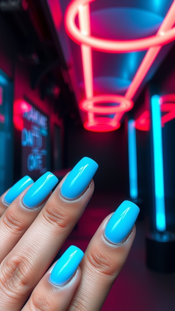 Light blue French tip nails with neon highlights in a vibrant setting