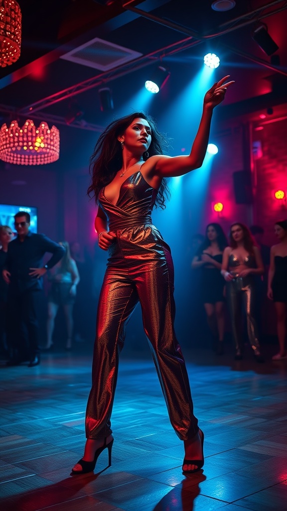 A woman in a bold metallic jumpsuit striking a pose in a nightclub