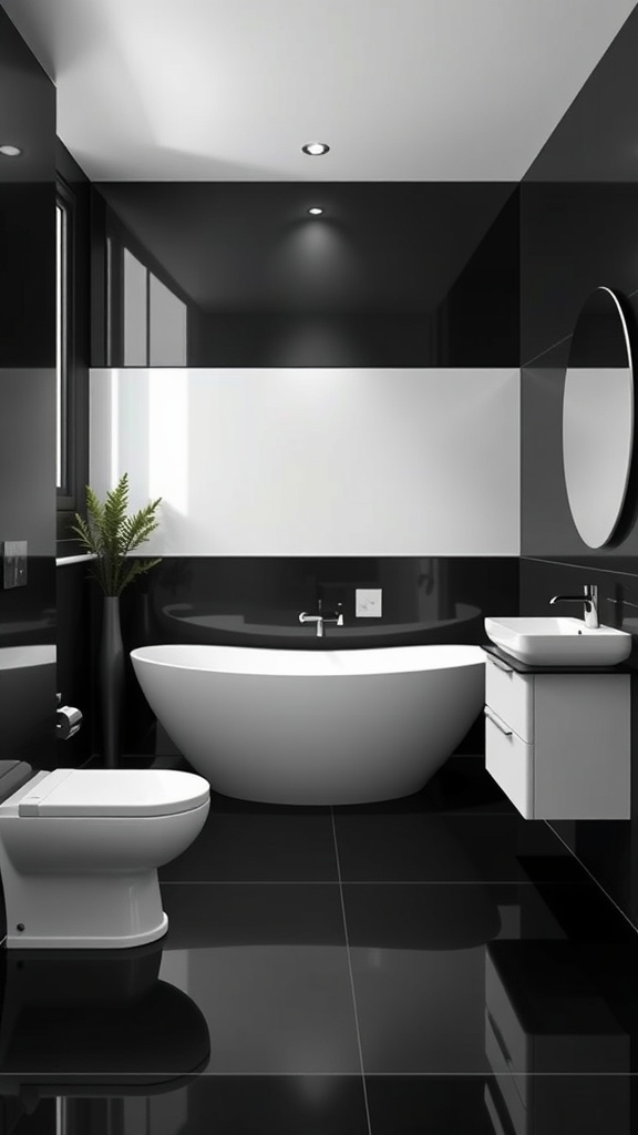 Modern bathroom with black floor, white bathtub, and minimalistic decor