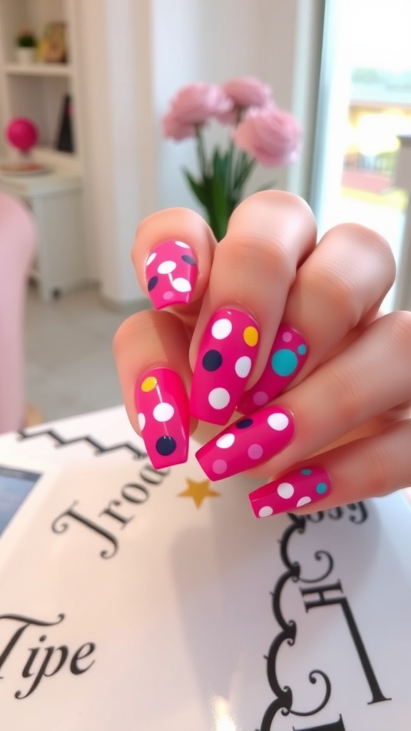 Colorful polka dot nails on a pink background